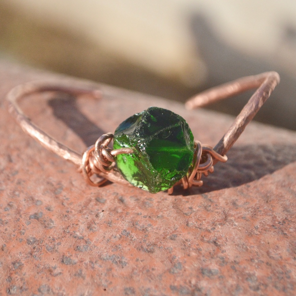 Natural Green Sea Glass Pure Copper Cuff Bracelet Boho Handmade Rustic Gift